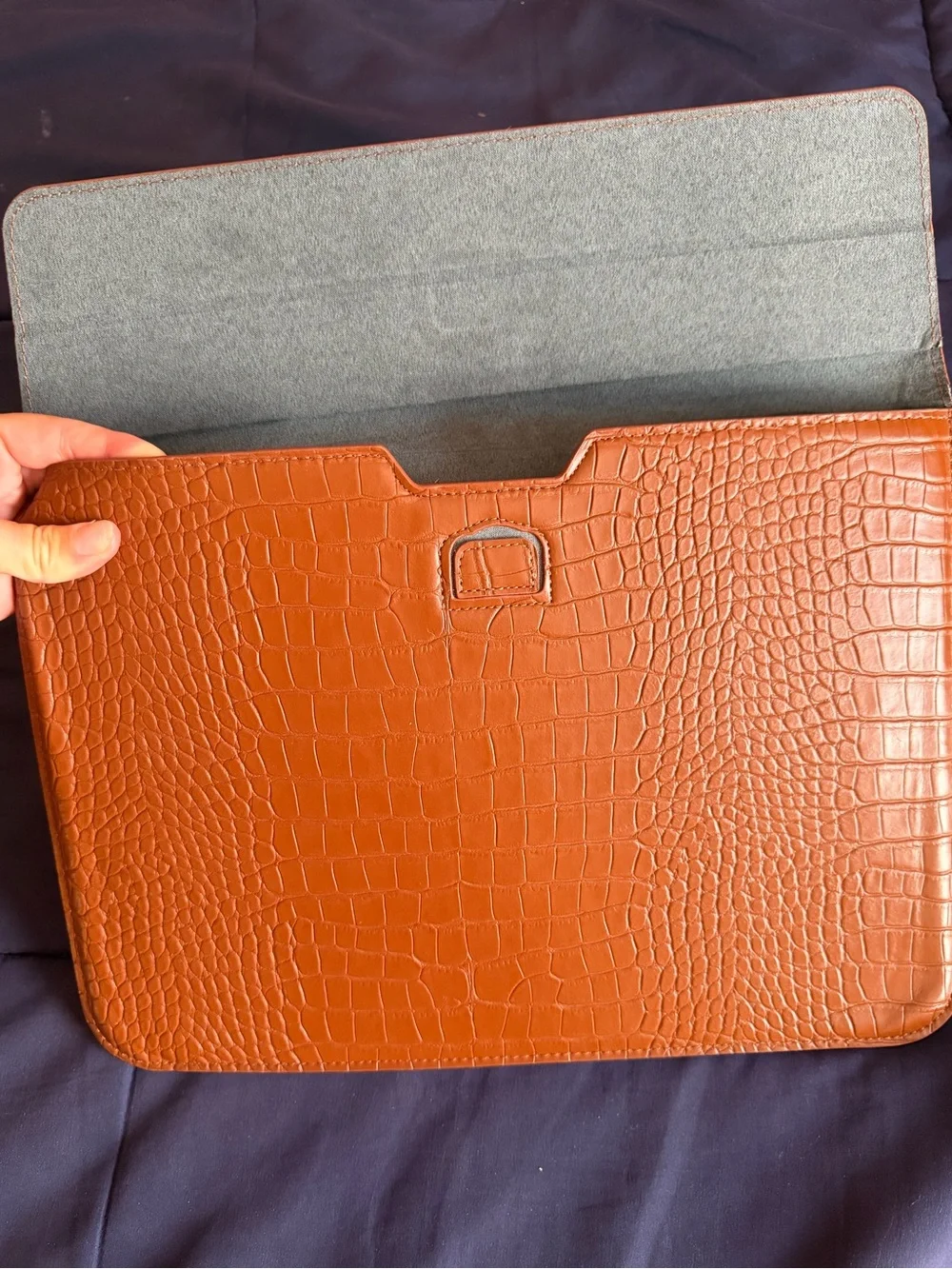 Croc-Embossed Leather Laptop Sleeve Brown